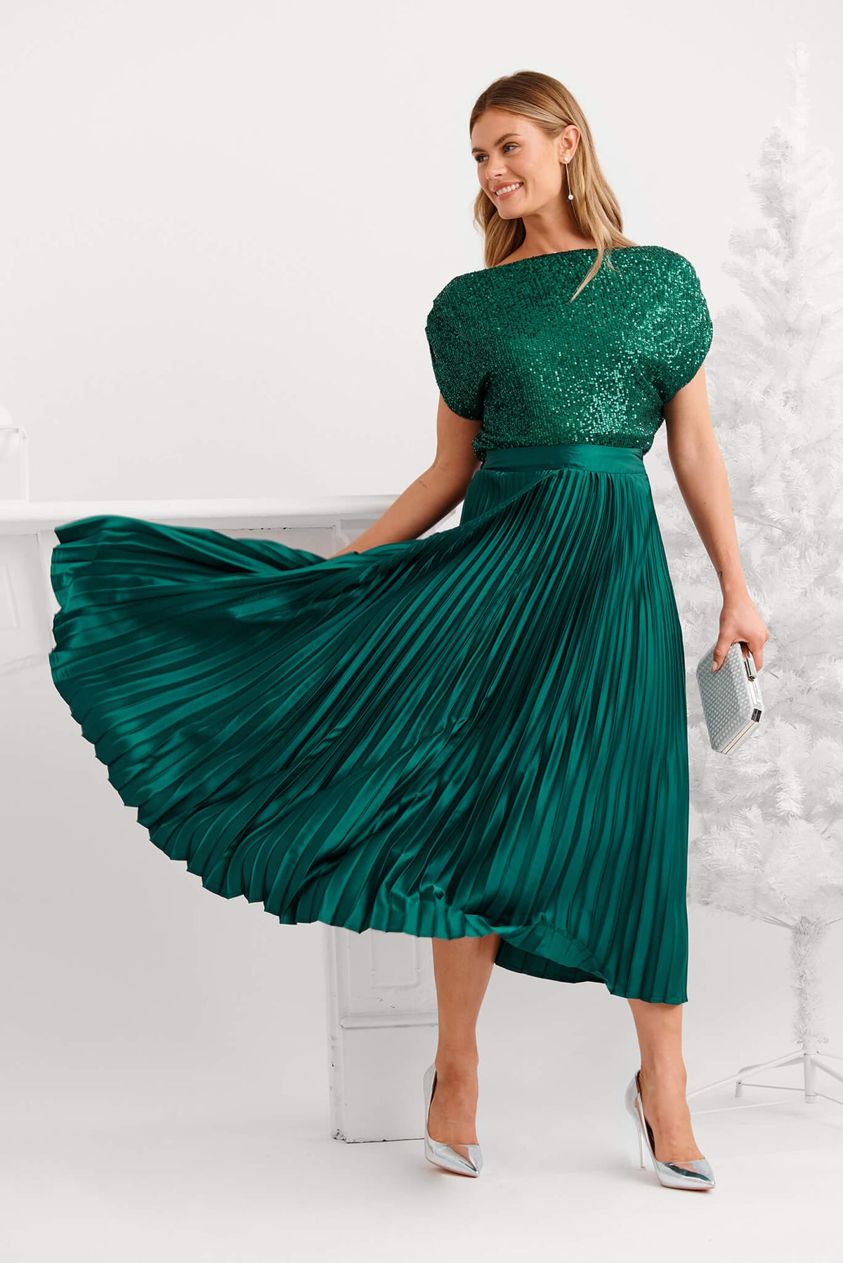 Emerald Satin Midi Pleat Skirt