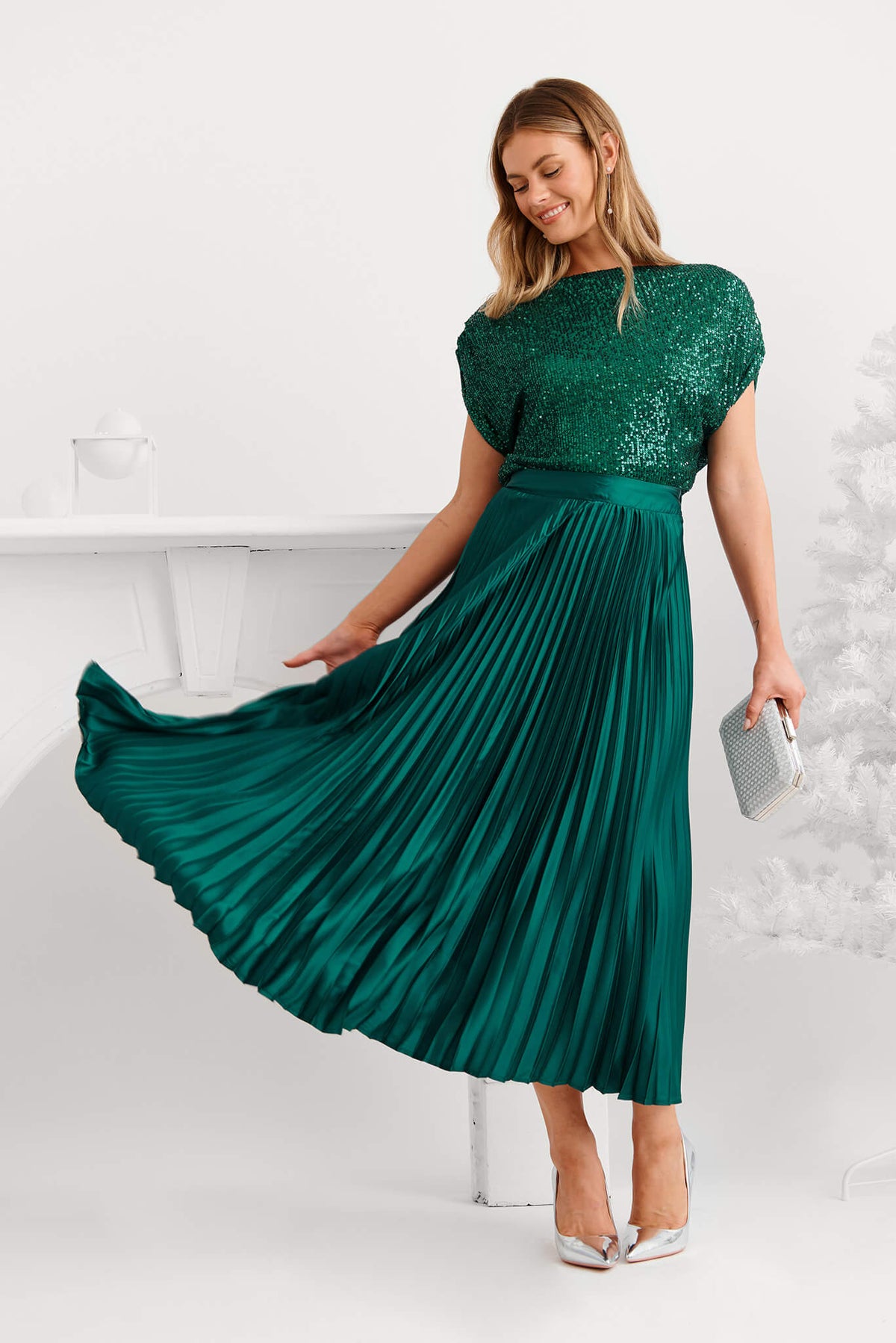 Emerald Satin Midi Pleat Skirt
