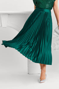 Emerald Satin Midi Pleat Skirt