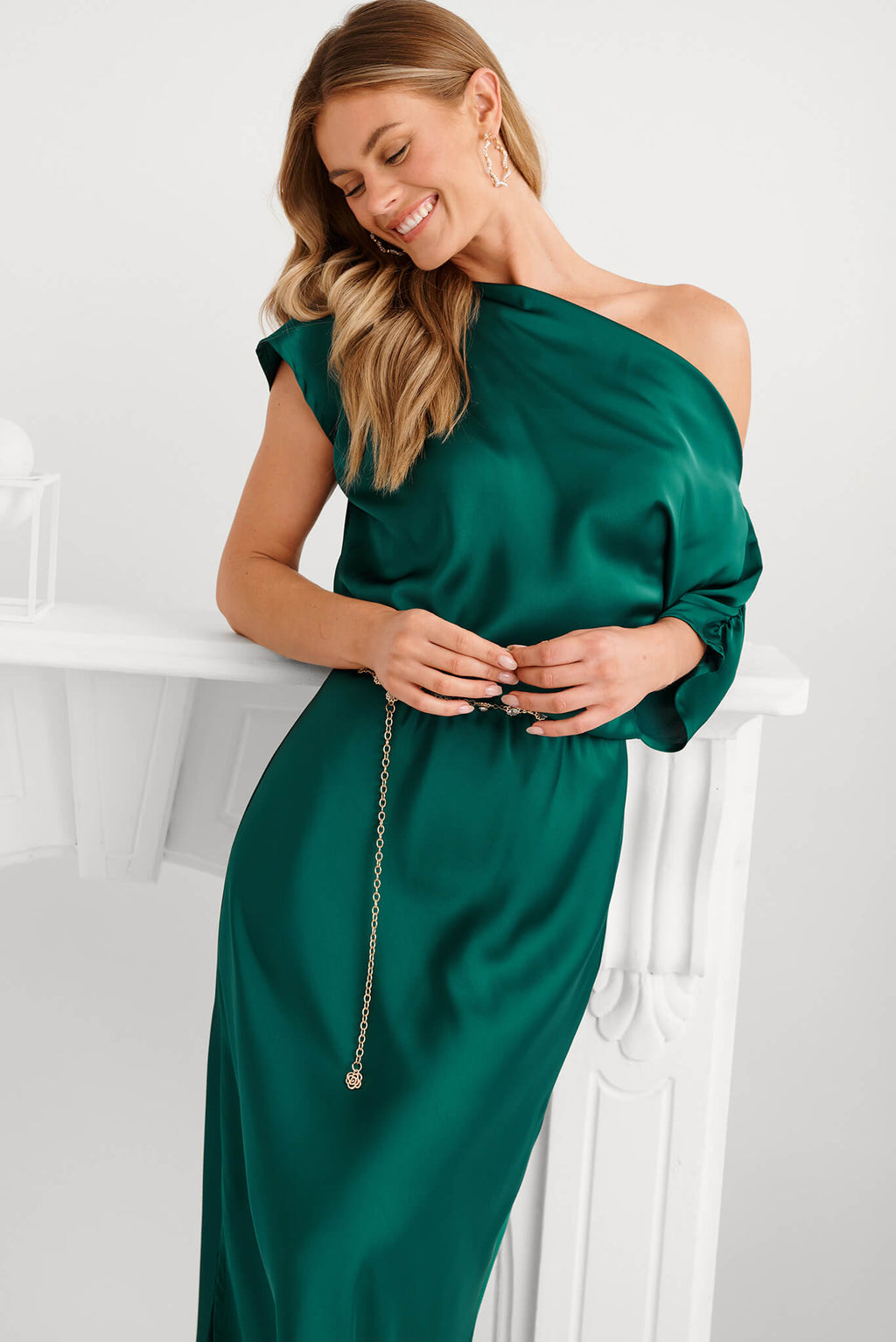 Emerald Green Satin Off-Shoulder Maxi Dress