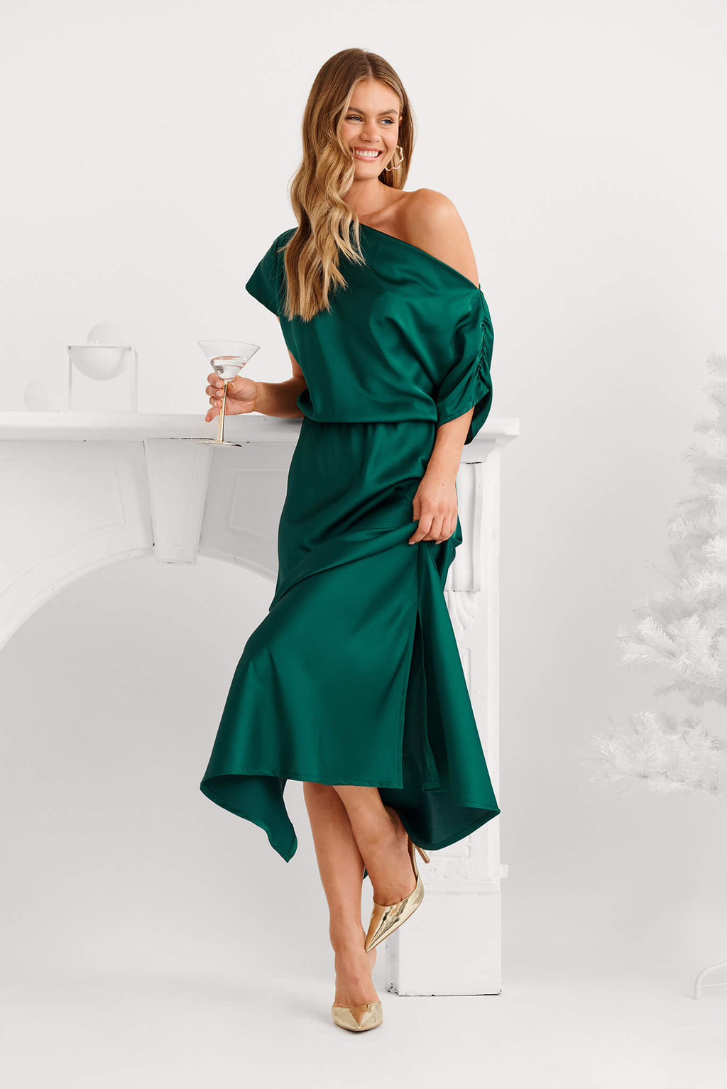 Emerald Green Satin Off-Shoulder Maxi Dress