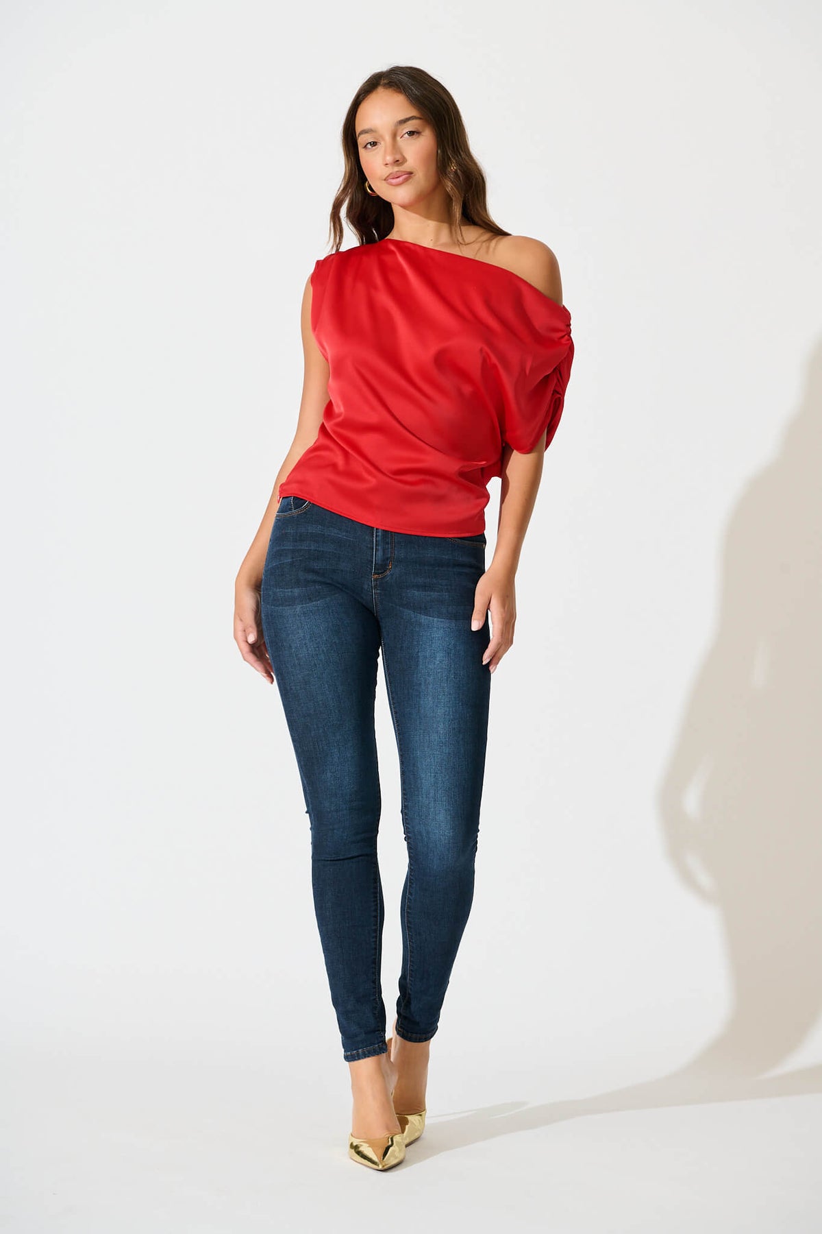 Red Satin Off-Shoulder Blouse
