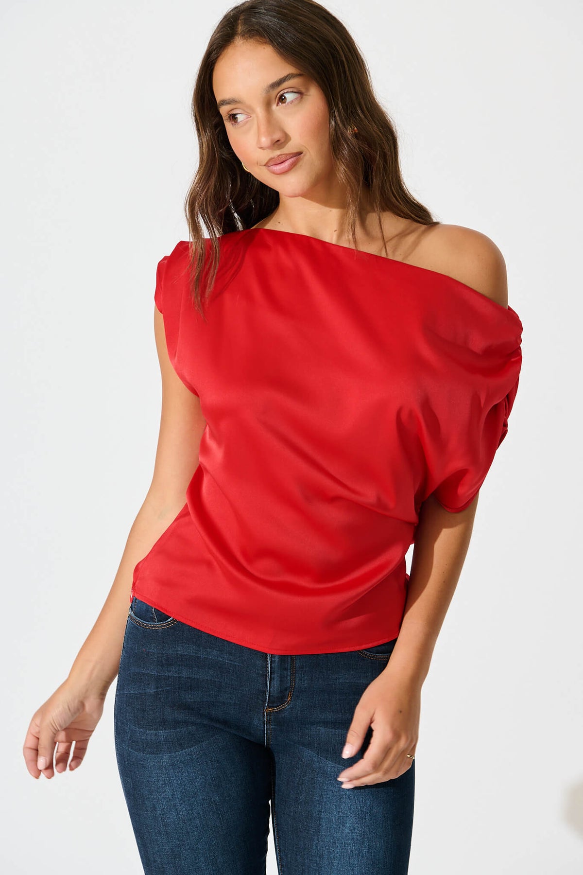 Red Satin Off-Shoulder Blouse