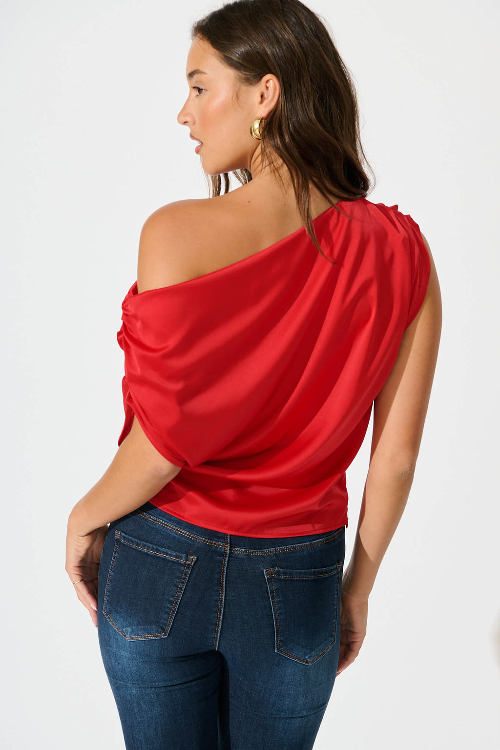 Red Satin Off-Shoulder Blouse