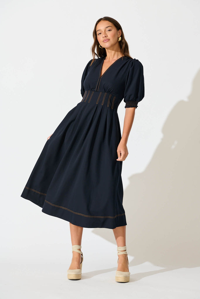 ワンピース Dress\"Perfect Daily\"Midnight Blue40 100% Organic Cotton Gauze Sleeveless Swing Dress in Indigo Blue
