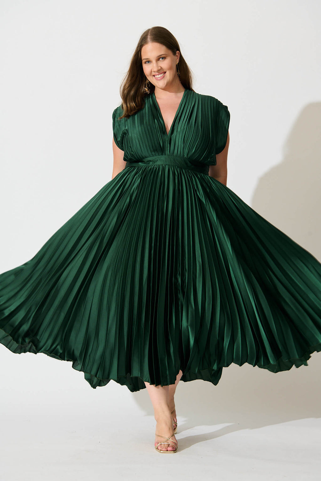 Pleated Emerald Satin Midi Dress
