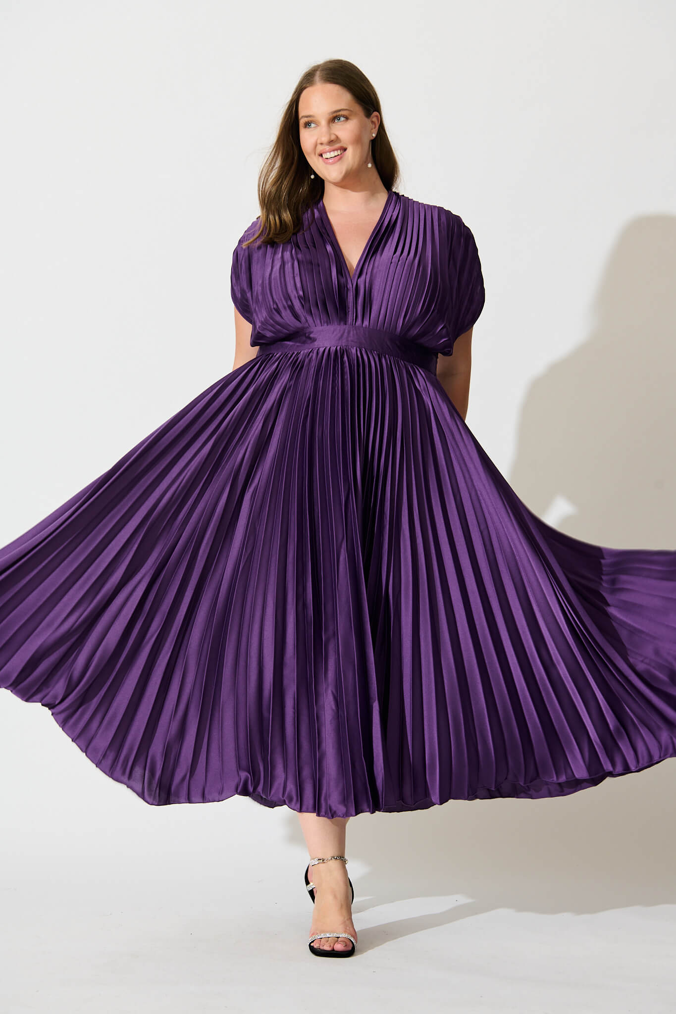 Purple Satin Pleated Midi Dress