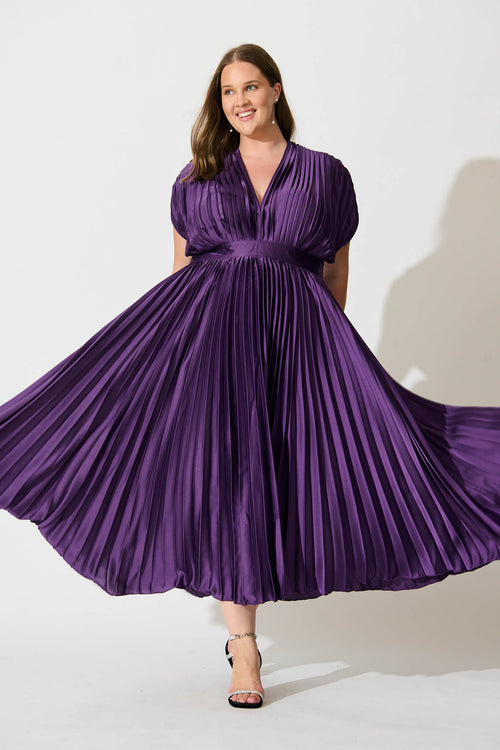 Purple Satin Pleated Midi Dress