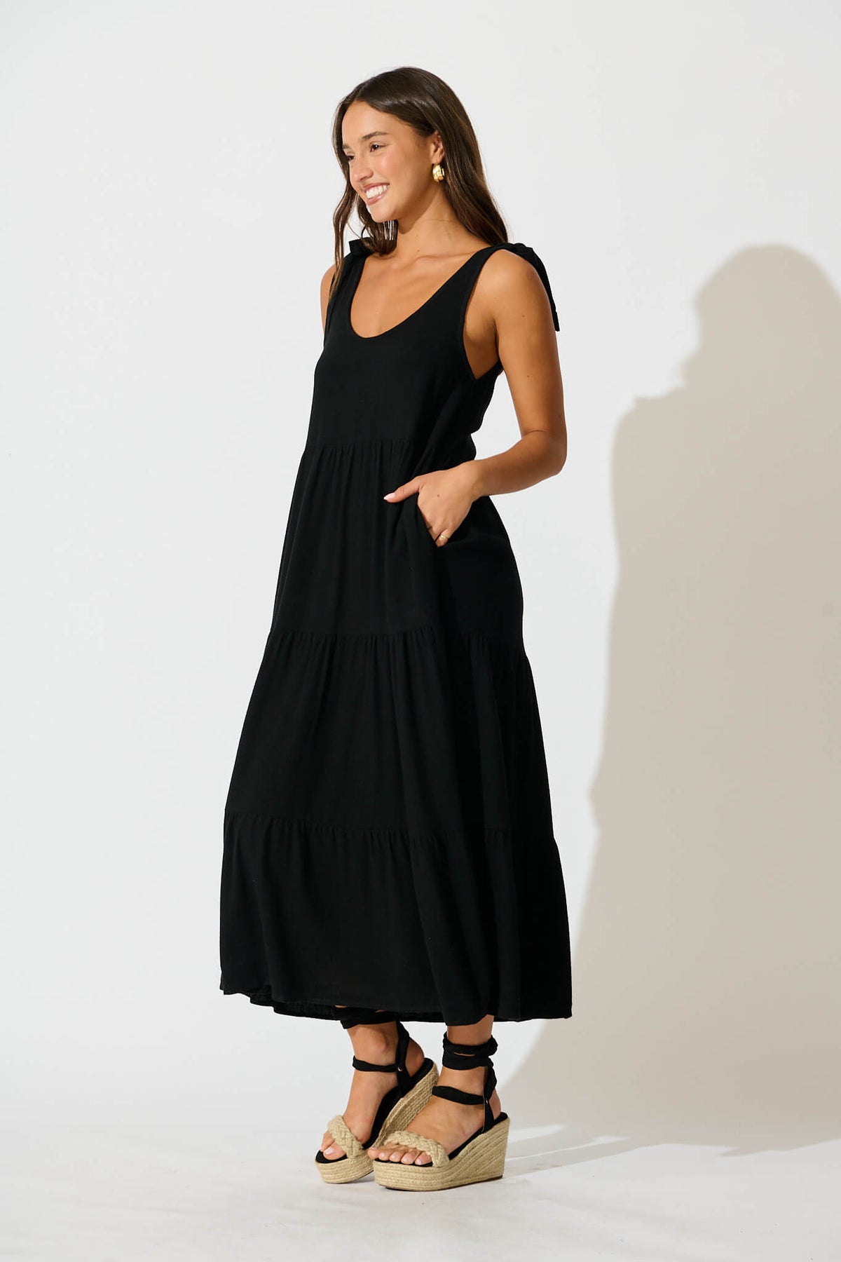 Black Linen Blend Maxi Dress by Estefani