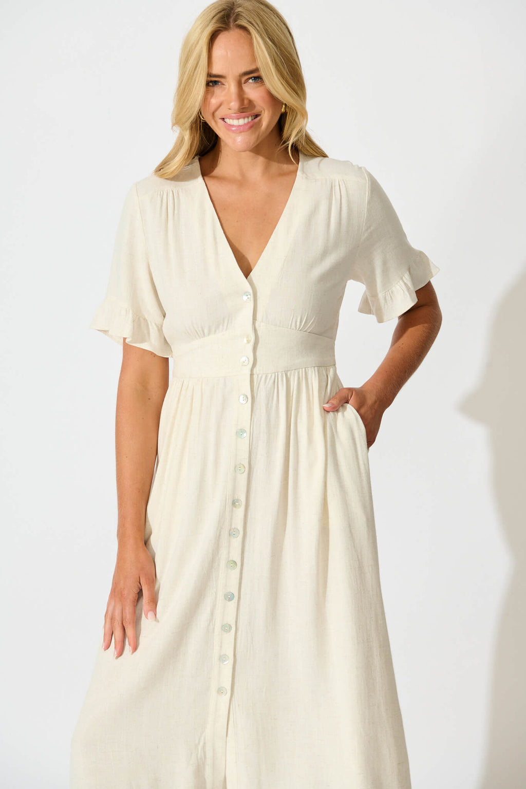 Oatmeal Linen Blend Midi Dress by Daysia