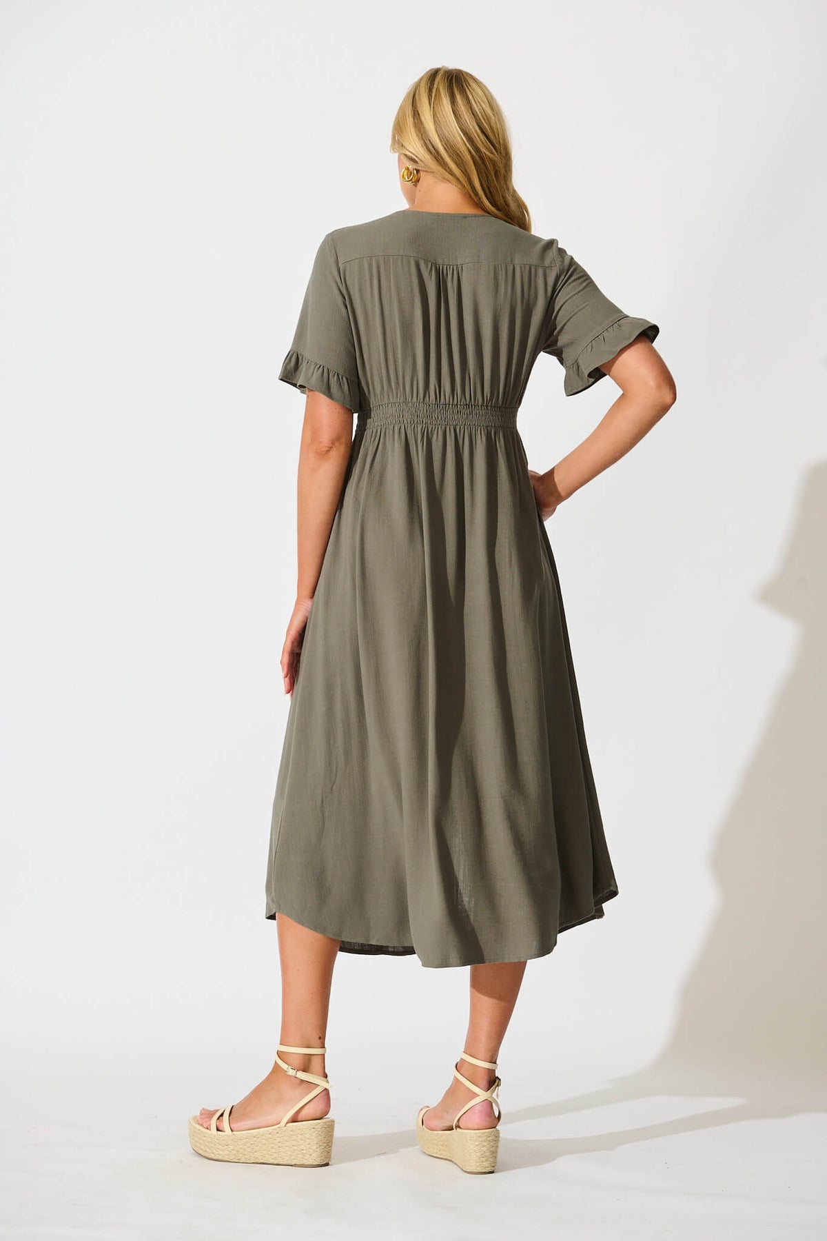 Khaki Linen Blend Midi Dress by Daysia