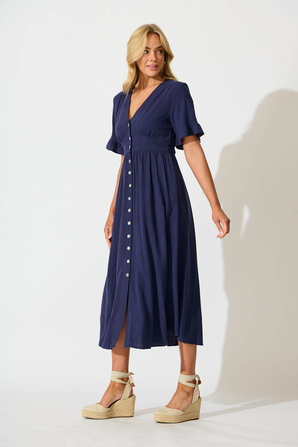 Navy Linen Blend Midi Dress - Daysia