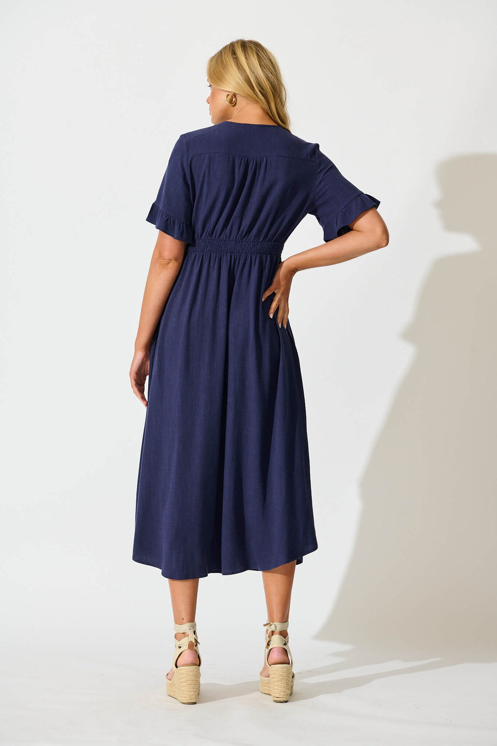 Navy Linen Blend Midi Dress - Daysia