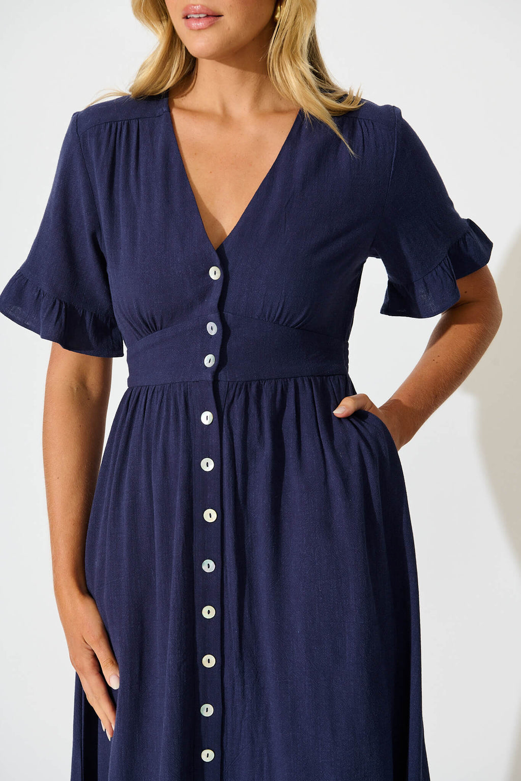 Navy Linen Blend Midi Dress - Daysia