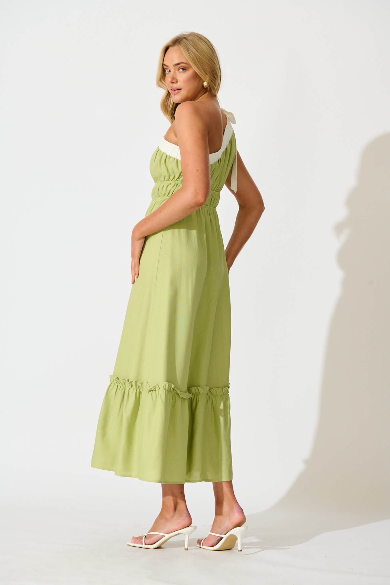 Green One Shoulder Maxi Dress with Stylish Trim
