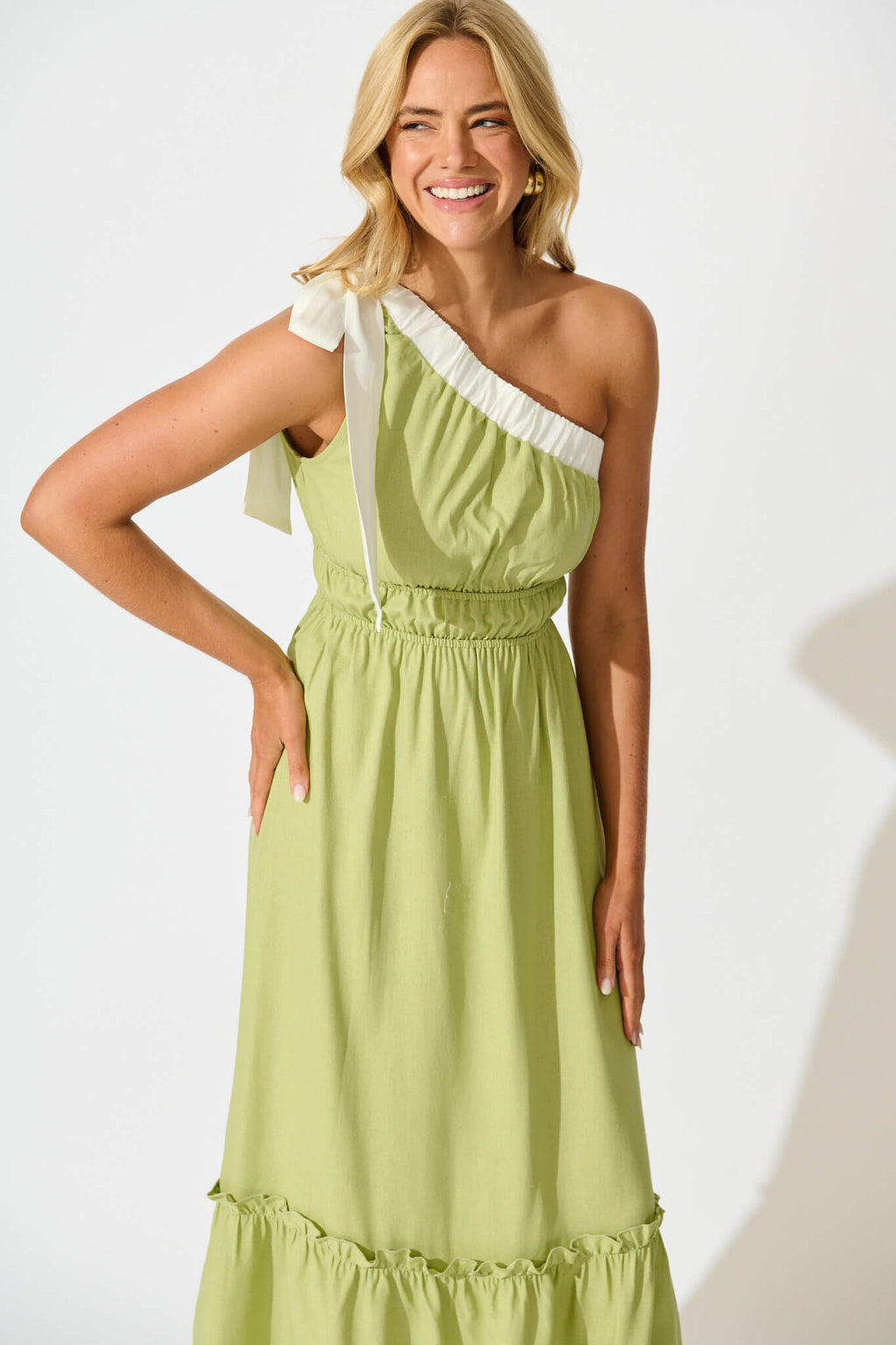Green One Shoulder Maxi Dress with Stylish Trim