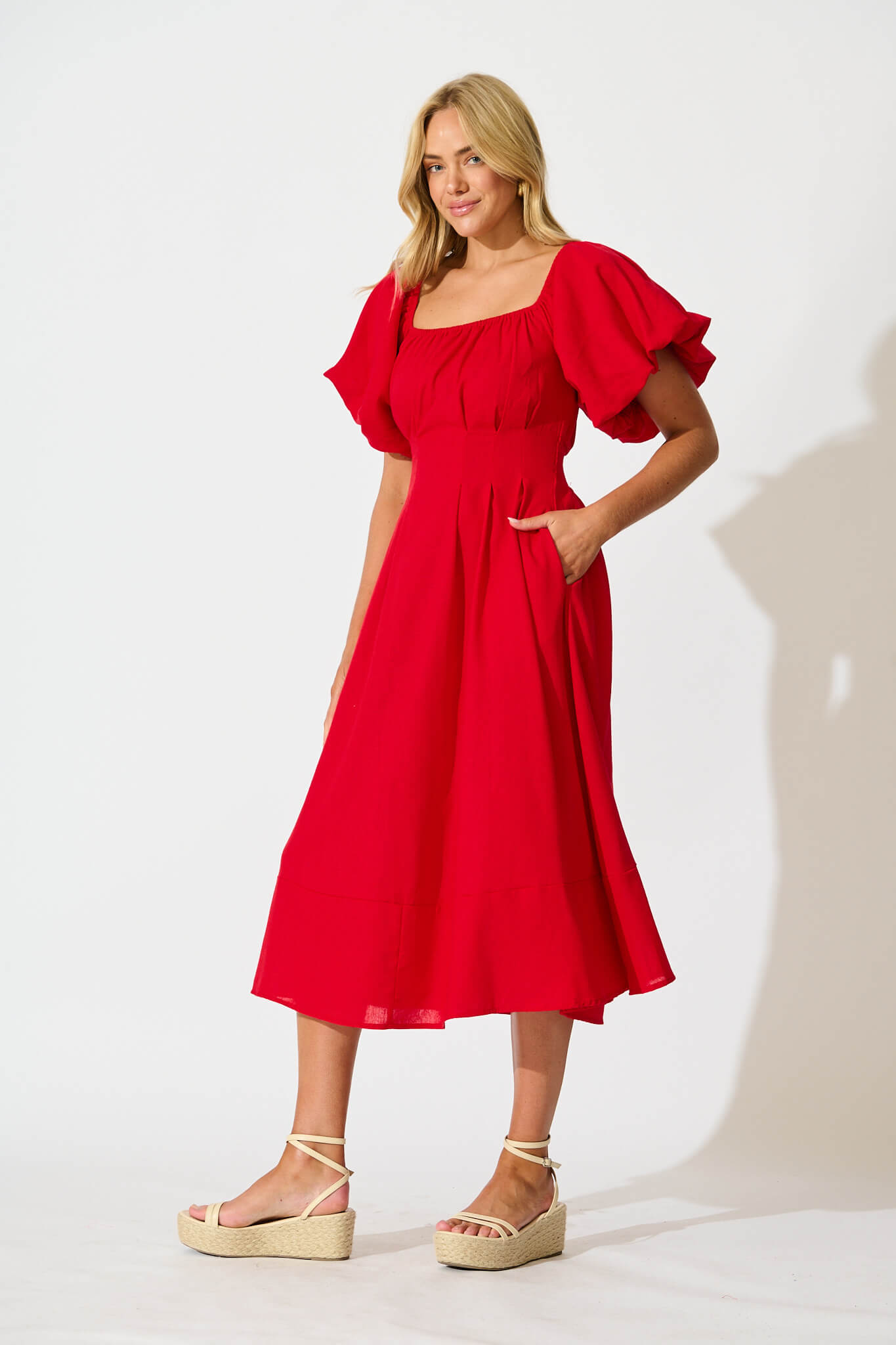 Red Linen Blend Midi Dress for Winter