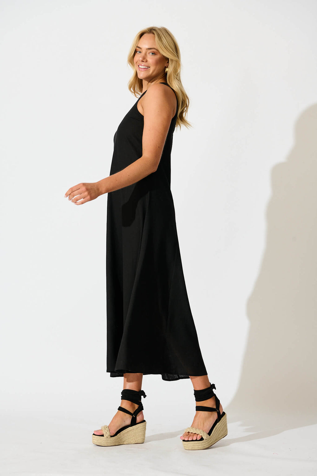 Black Linen Off-Shoulder Maxi Dress