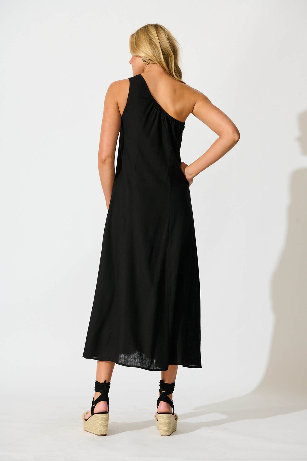 Black Linen Off-Shoulder Maxi Dress