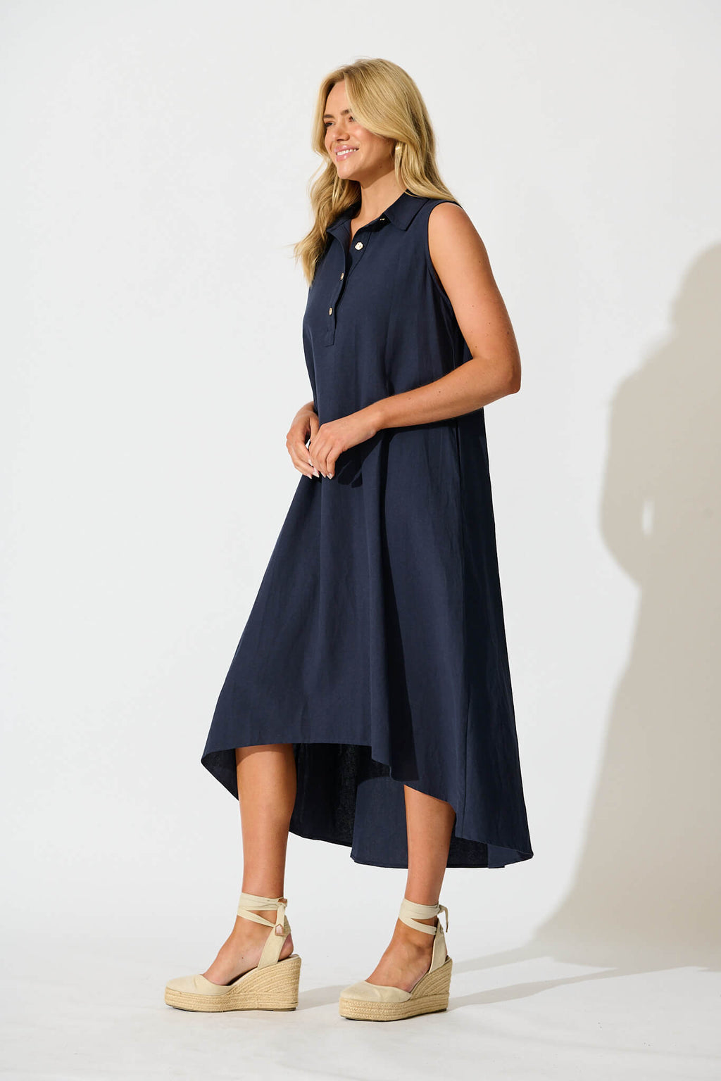 Navy Linen Midi Dress - Casual Elegance