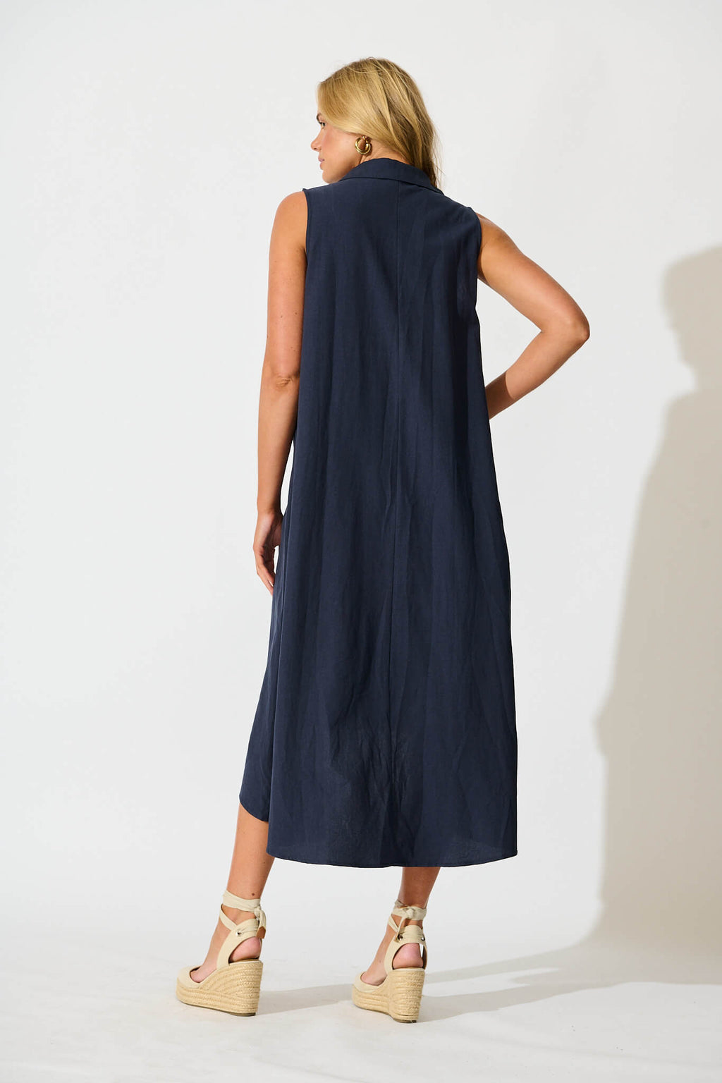 Navy Linen Midi Dress - Casual Elegance