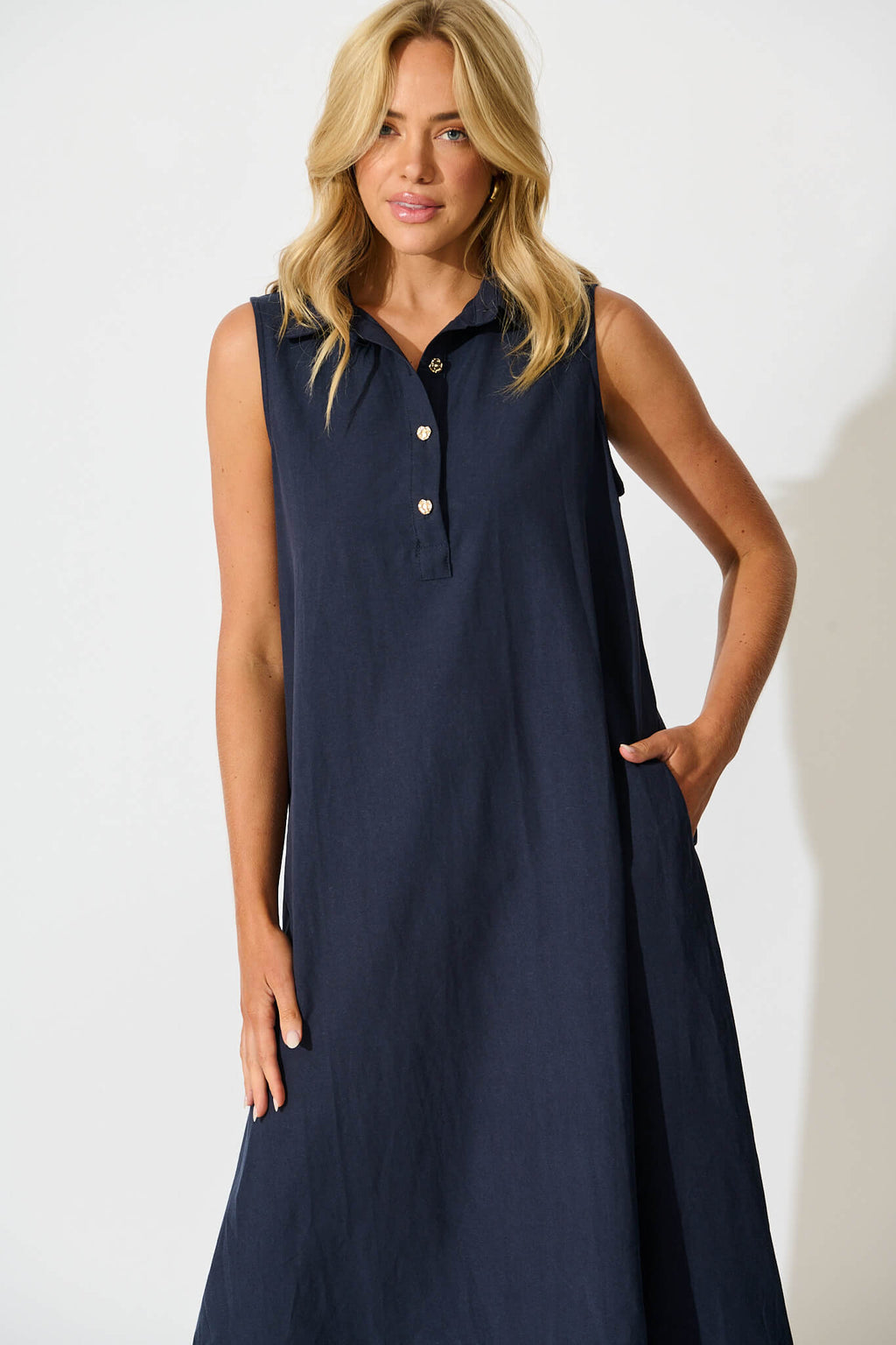 Navy Linen Midi Dress - Casual Elegance