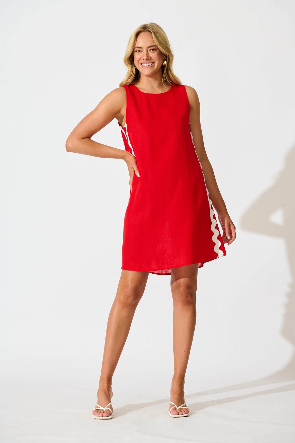 Red Linen Blend Dress with White Ric Rac Detail