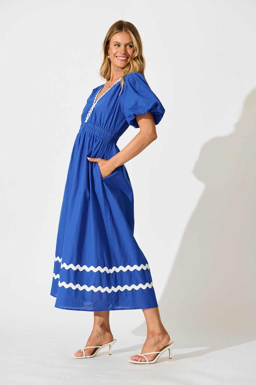 Cobalt Maxi Dress with White Trim - Cotton Summer Wear
