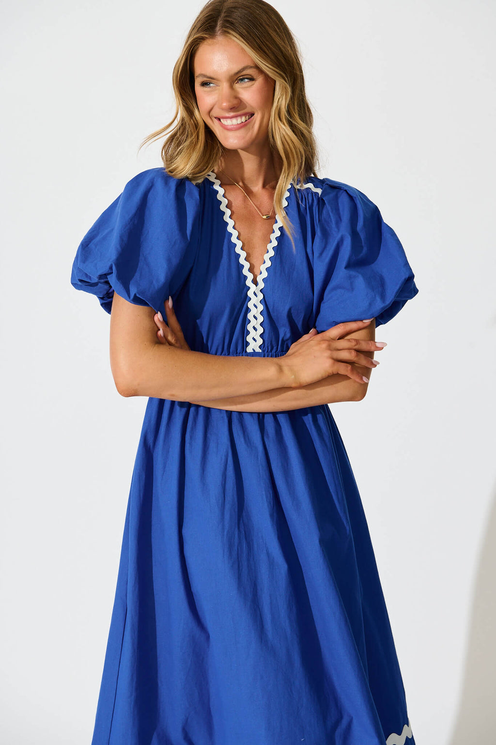 Cobalt Maxi Dress with White Trim - Cotton Summer Wear