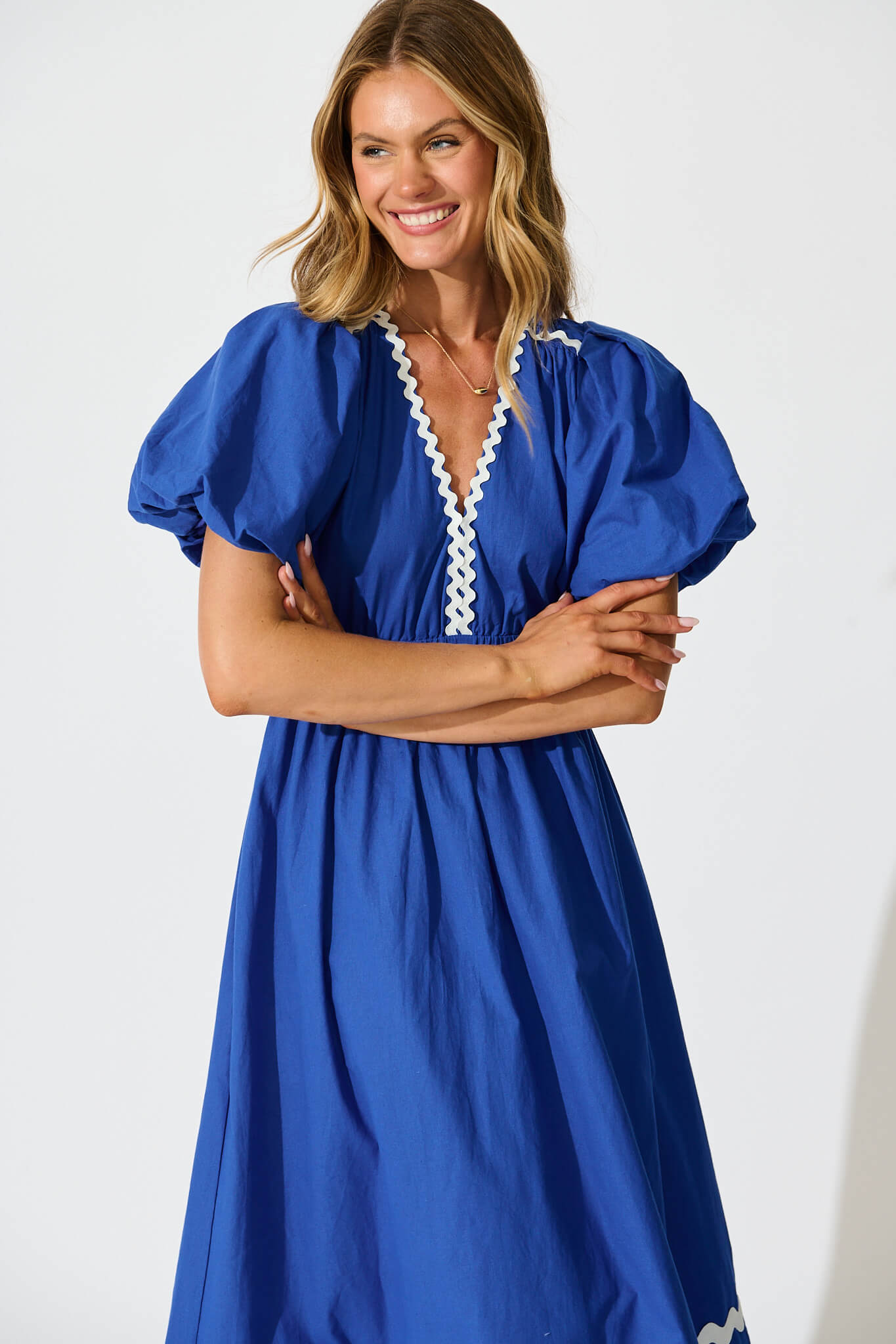 Cobalt Maxi Dress with White Trim - Cotton Summer Wear
