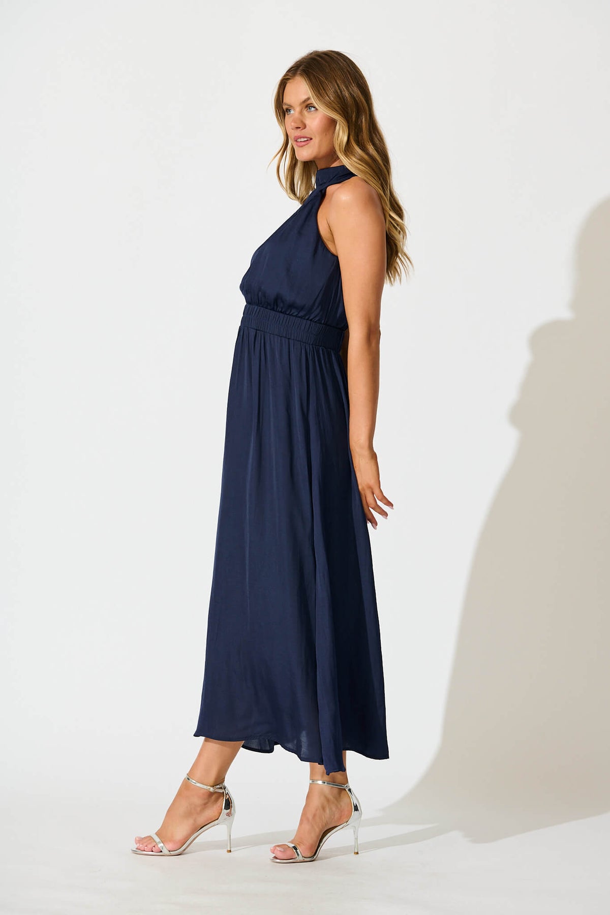 Navy Satin Halter Maxi Dress from Costa Rica