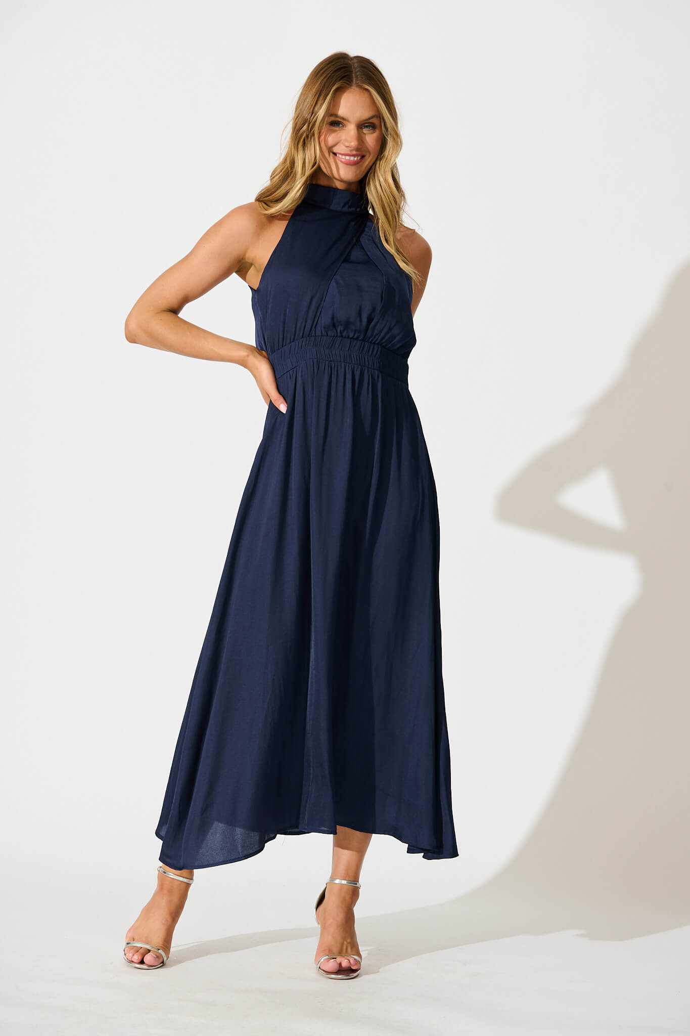 Navy Satin Halter Maxi Dress from Costa Rica