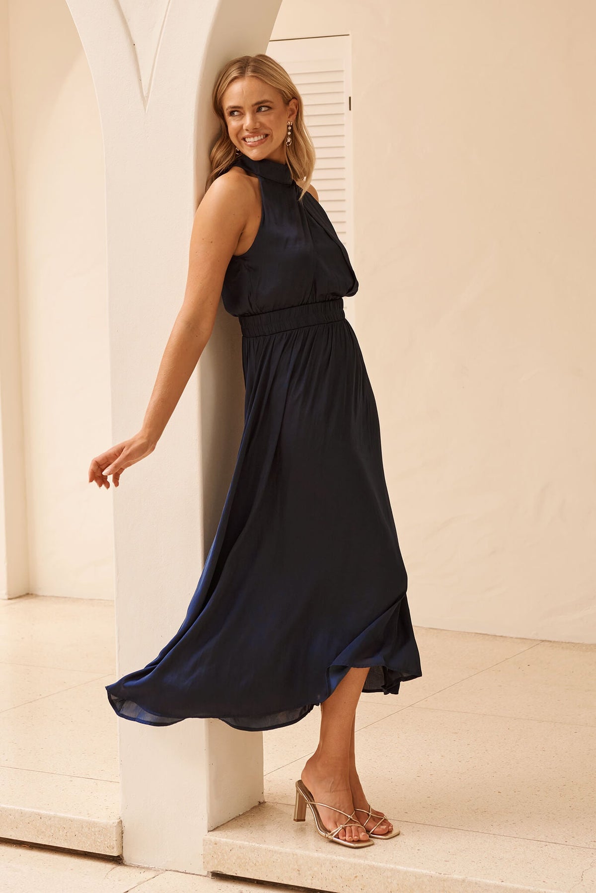 Navy Satin Halter Maxi Dress from Costa Rica
