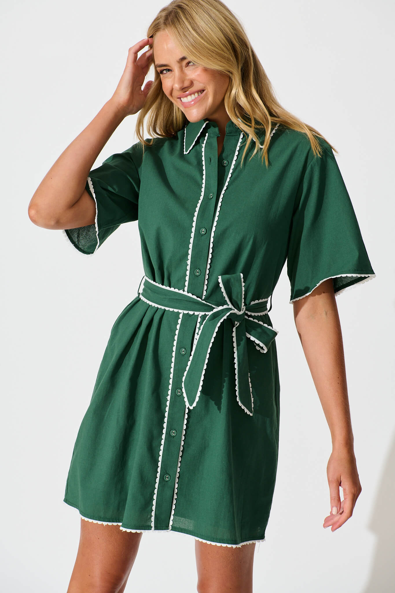 Emerald Shirt Dress with White Trim - Cotton Blend