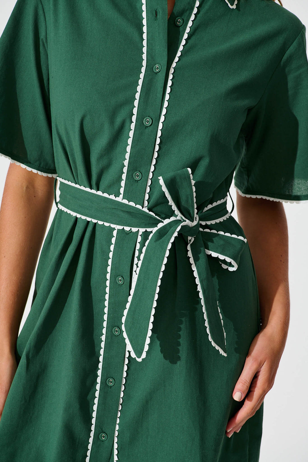 Emerald Shirt Dress with White Trim - Cotton Blend