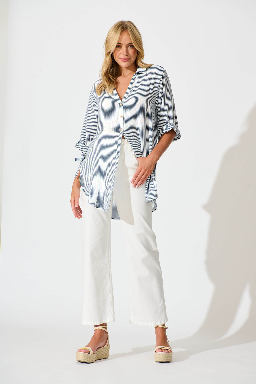 Blue & White Striped Cotton Blend Harper Shirt