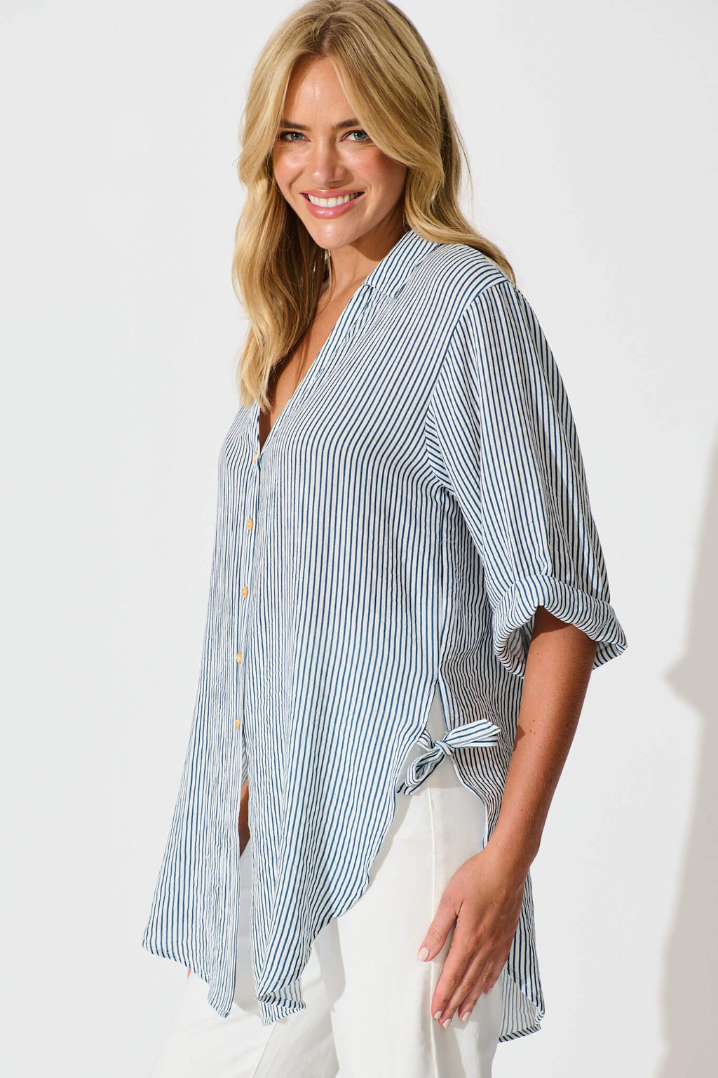 Blue & White Striped Cotton Blend Harper Shirt