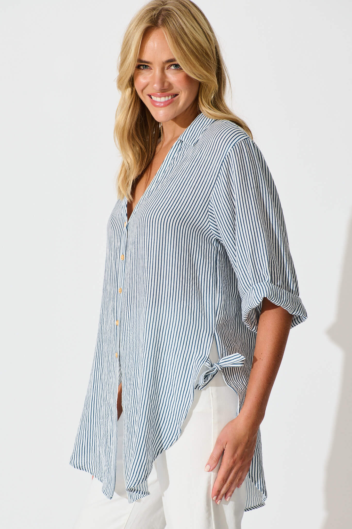 Blue & White Striped Cotton Blend Harper Shirt