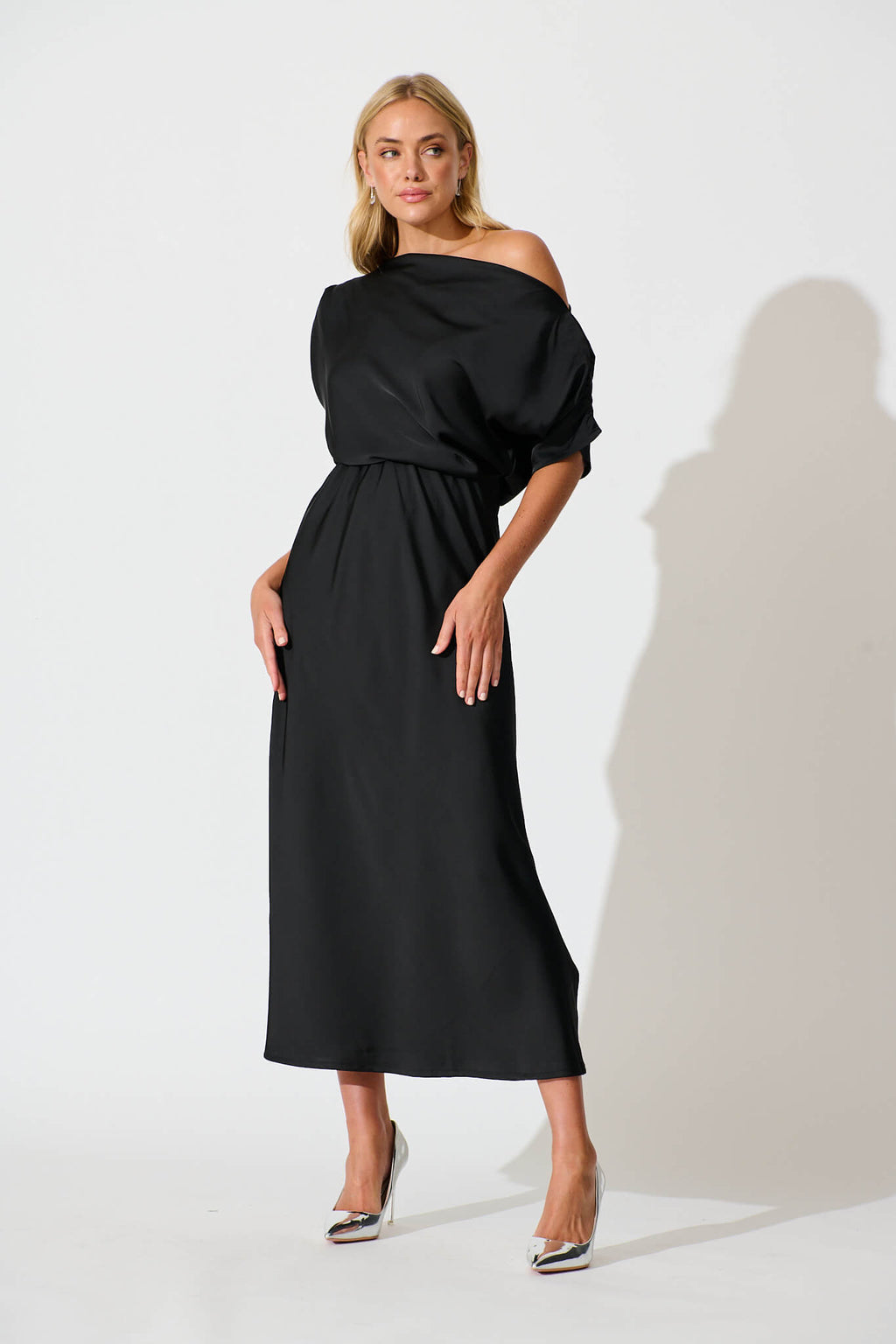 Black Satin Off Shoulder Maxi Dress - Sarita