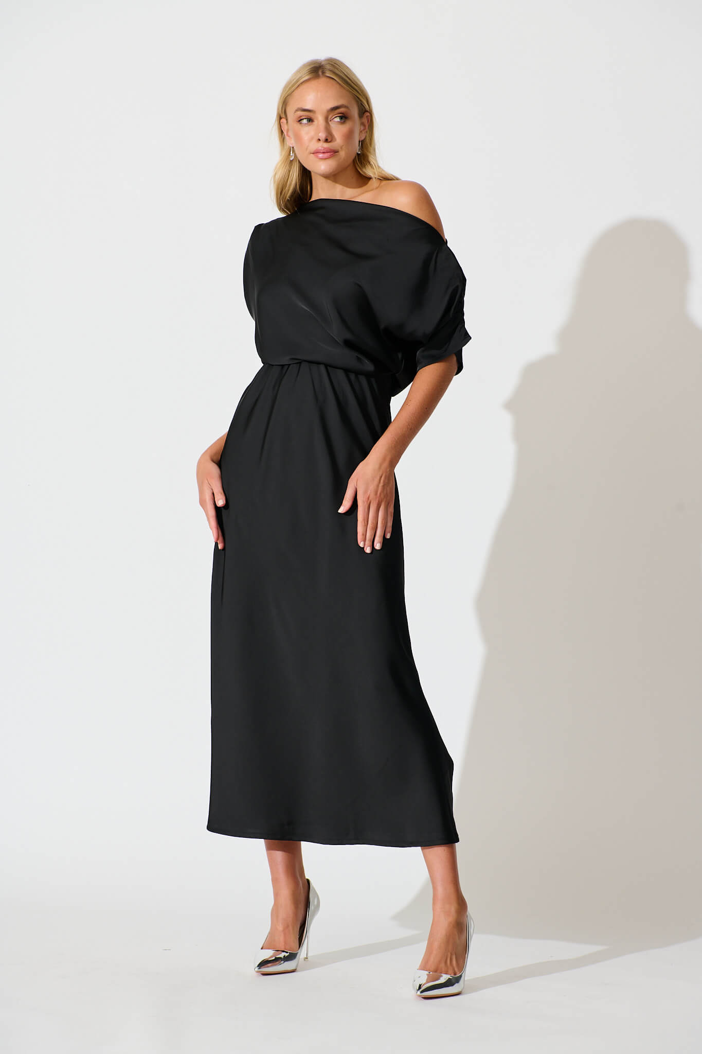 Black Satin Off Shoulder Maxi Dress - Sarita
