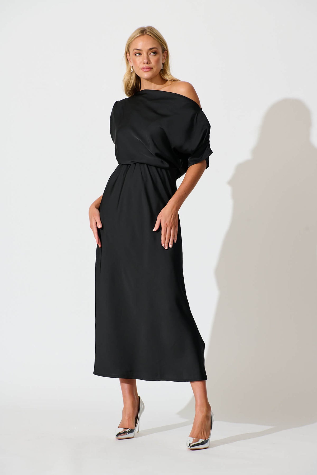 Black Satin Off Shoulder Maxi Dress - Sarita