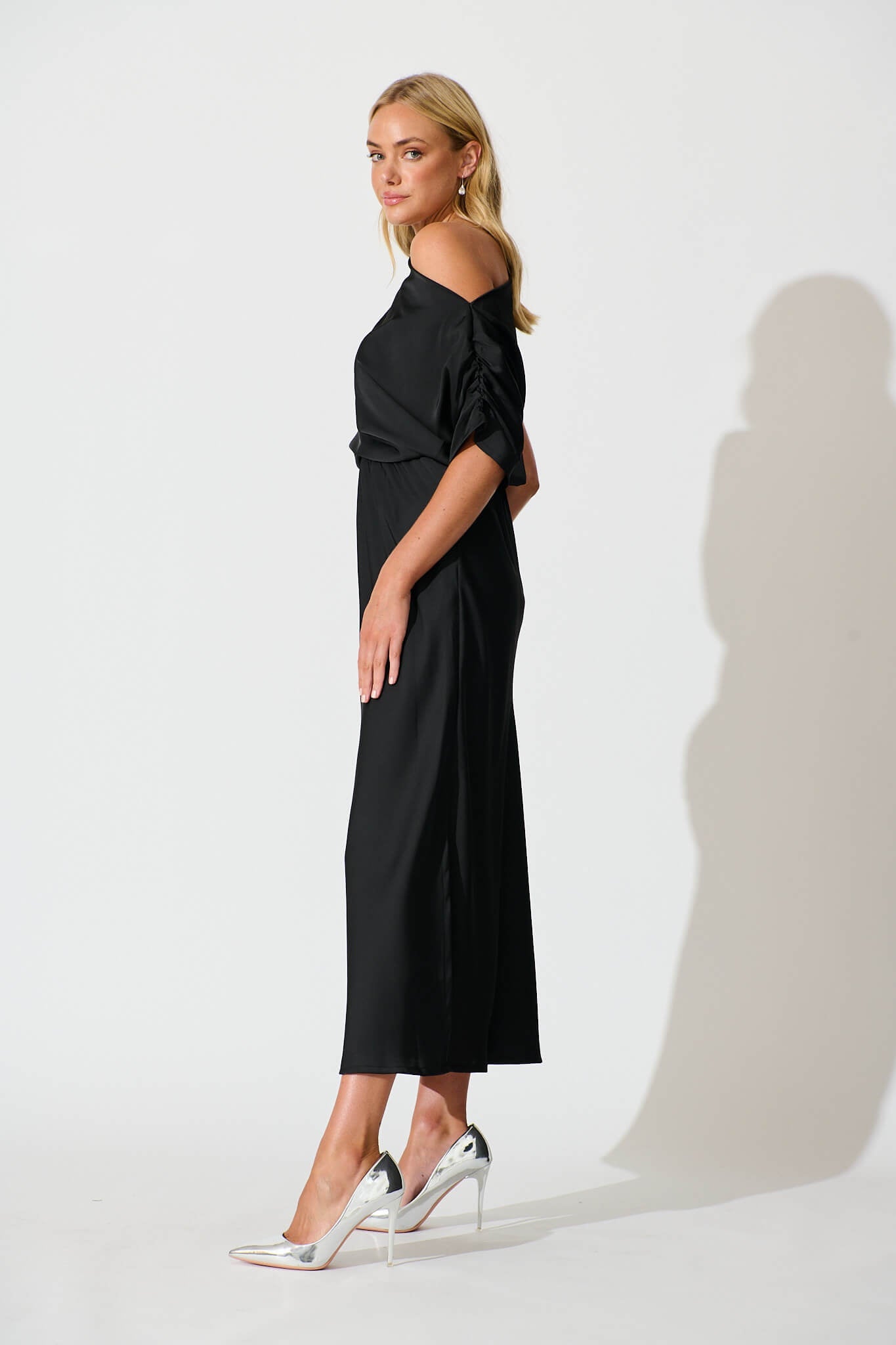 Black Satin Off Shoulder Maxi Dress - Sarita