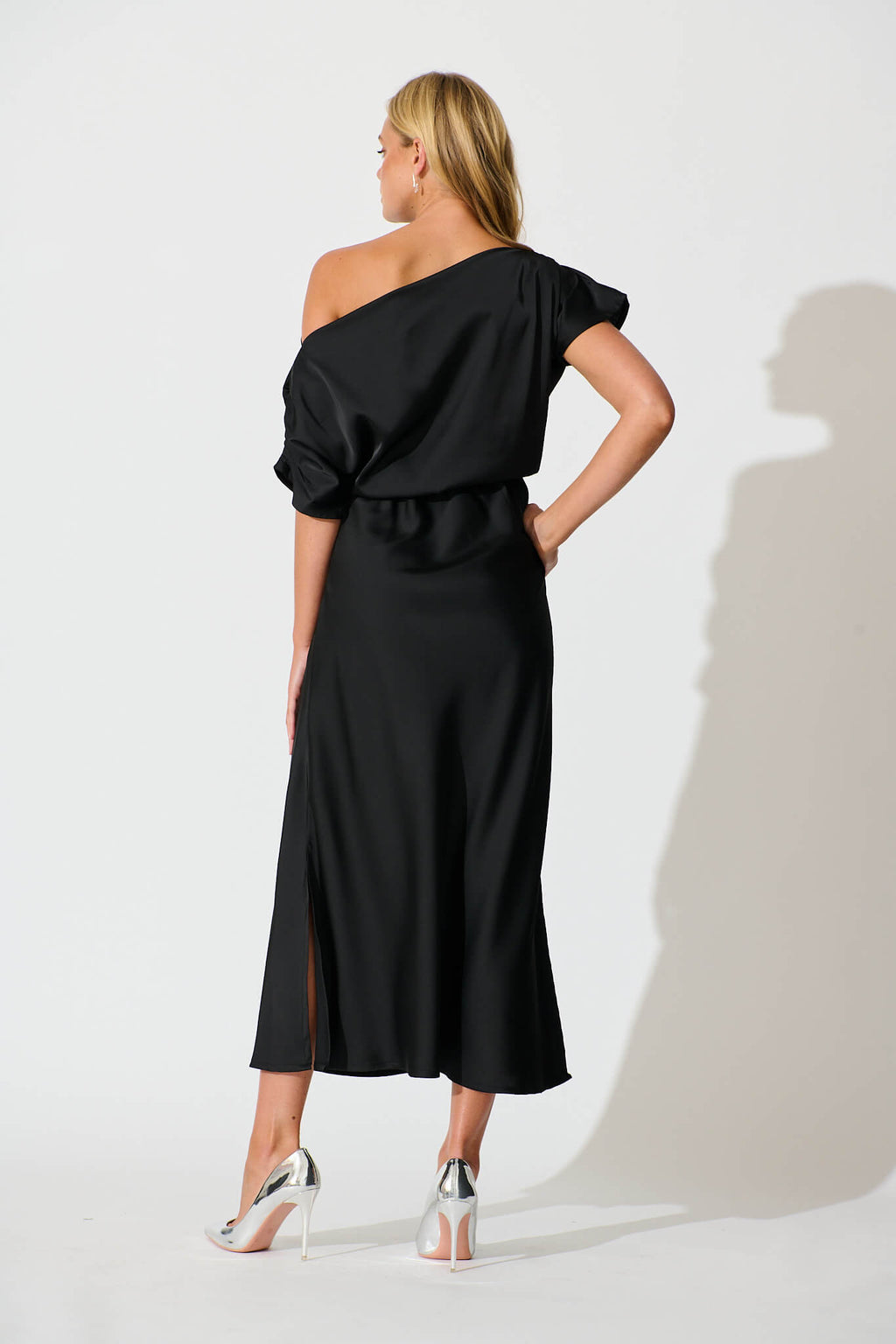 Black Satin Off Shoulder Maxi Dress - Sarita