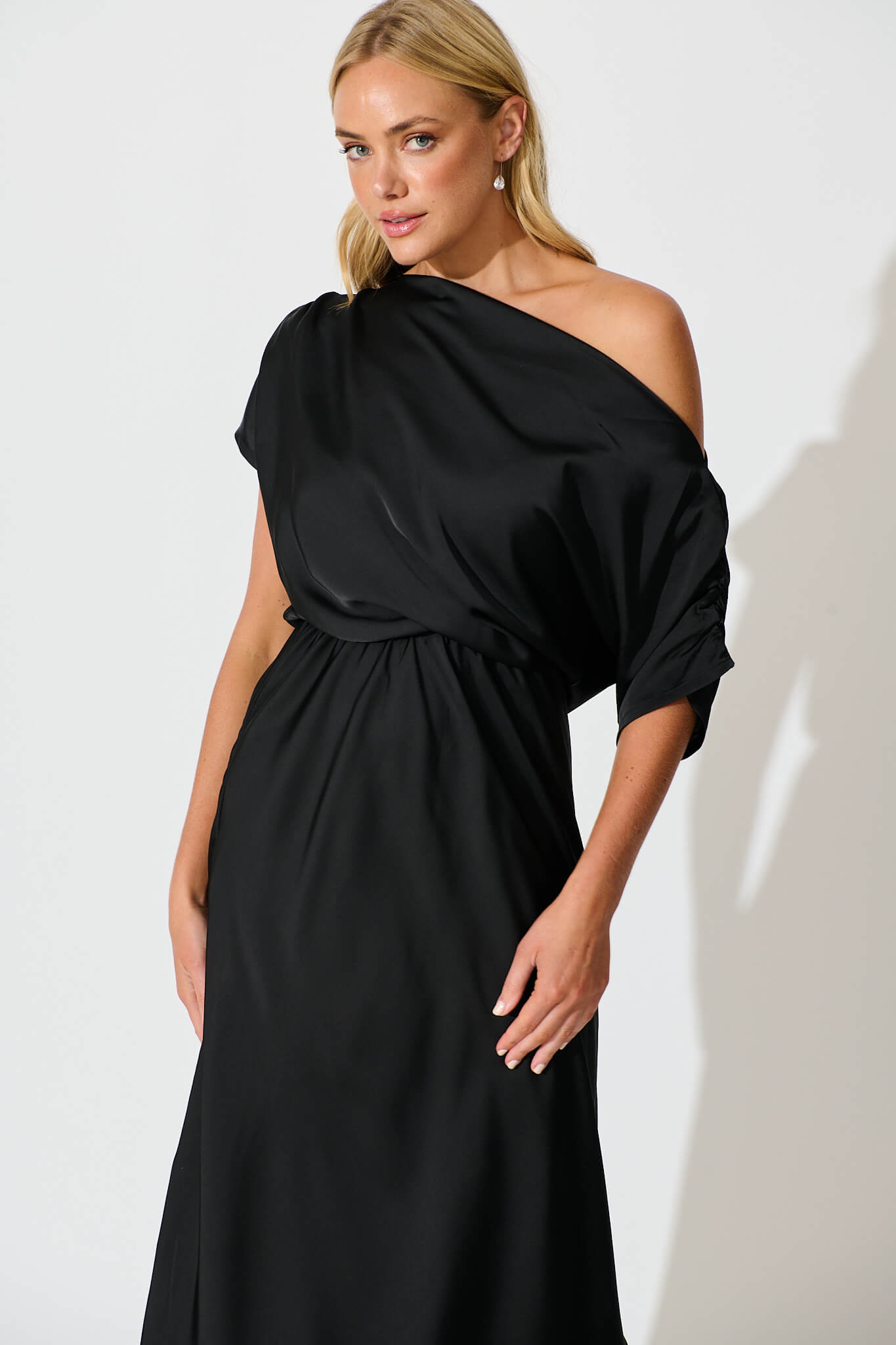 Black Satin Off Shoulder Maxi Dress - Sarita