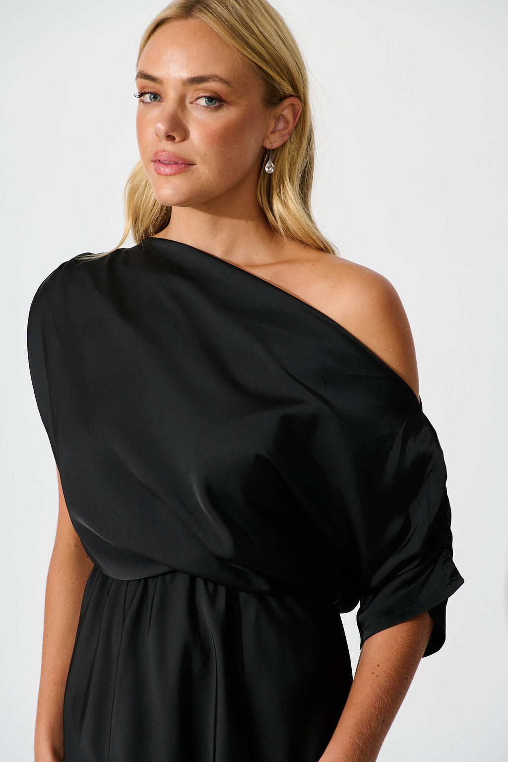 Black Satin Off Shoulder Maxi Dress - Sarita