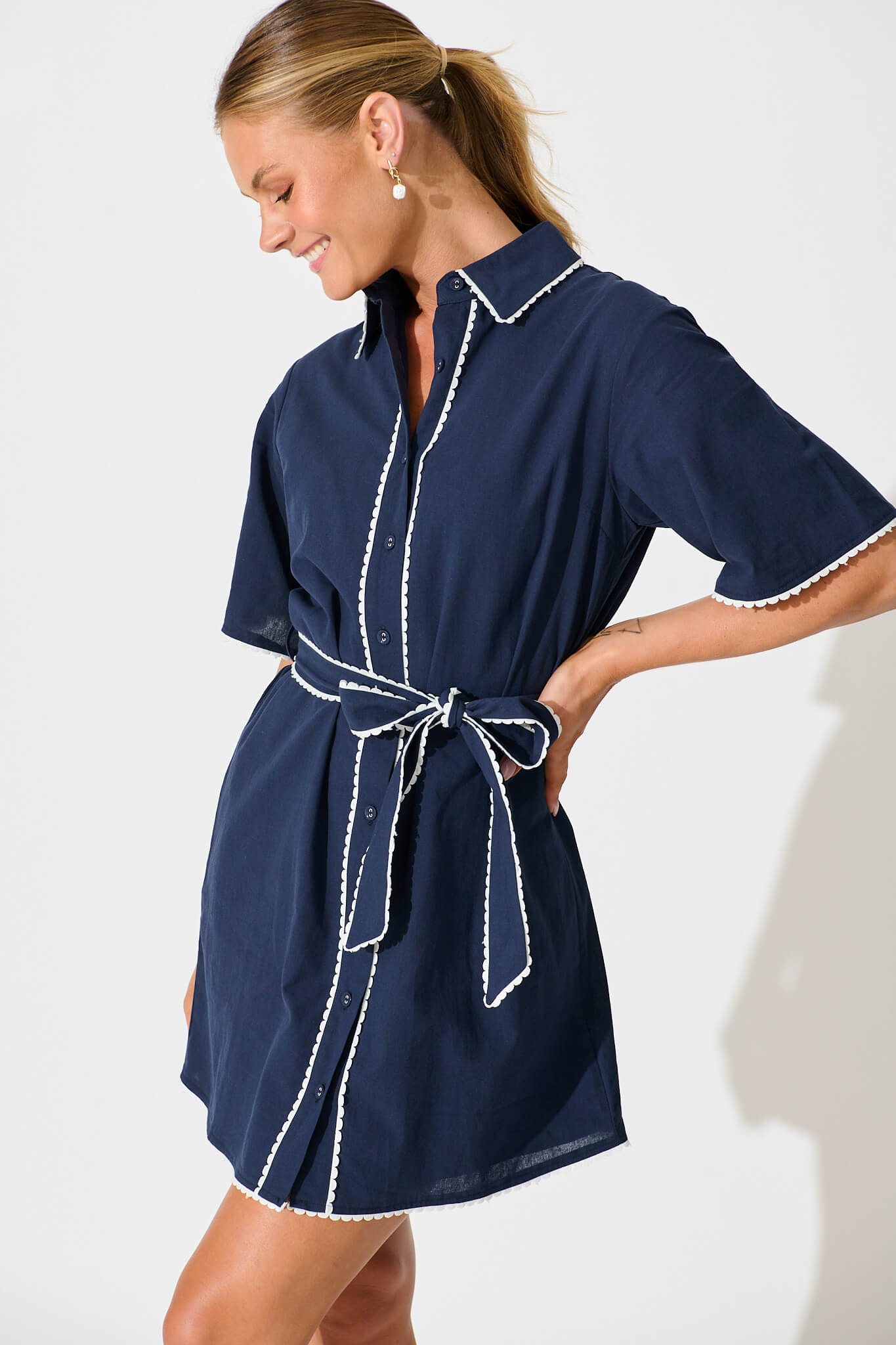Navy Cotton Dress with White Trim - Miela Style