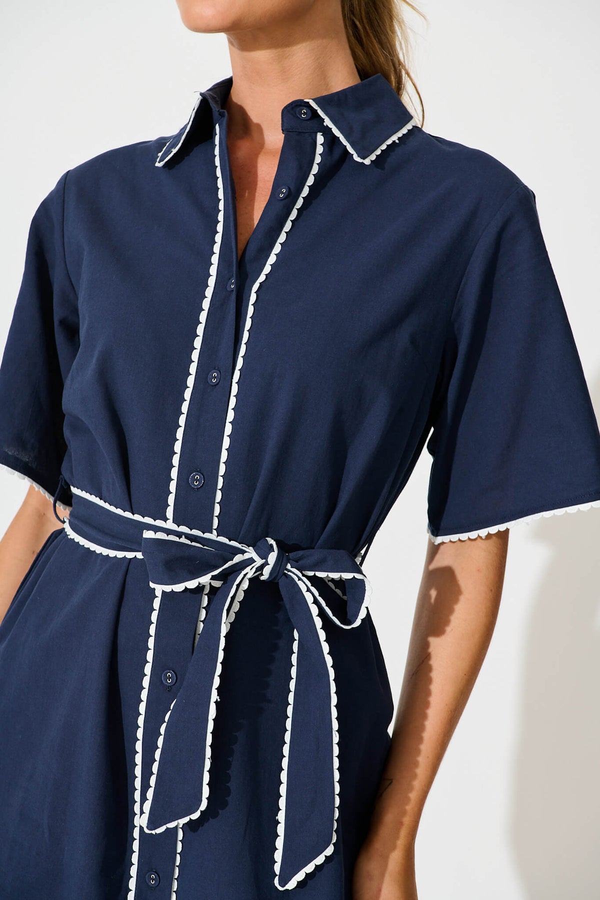 Navy Cotton Dress with White Trim - Miela Style