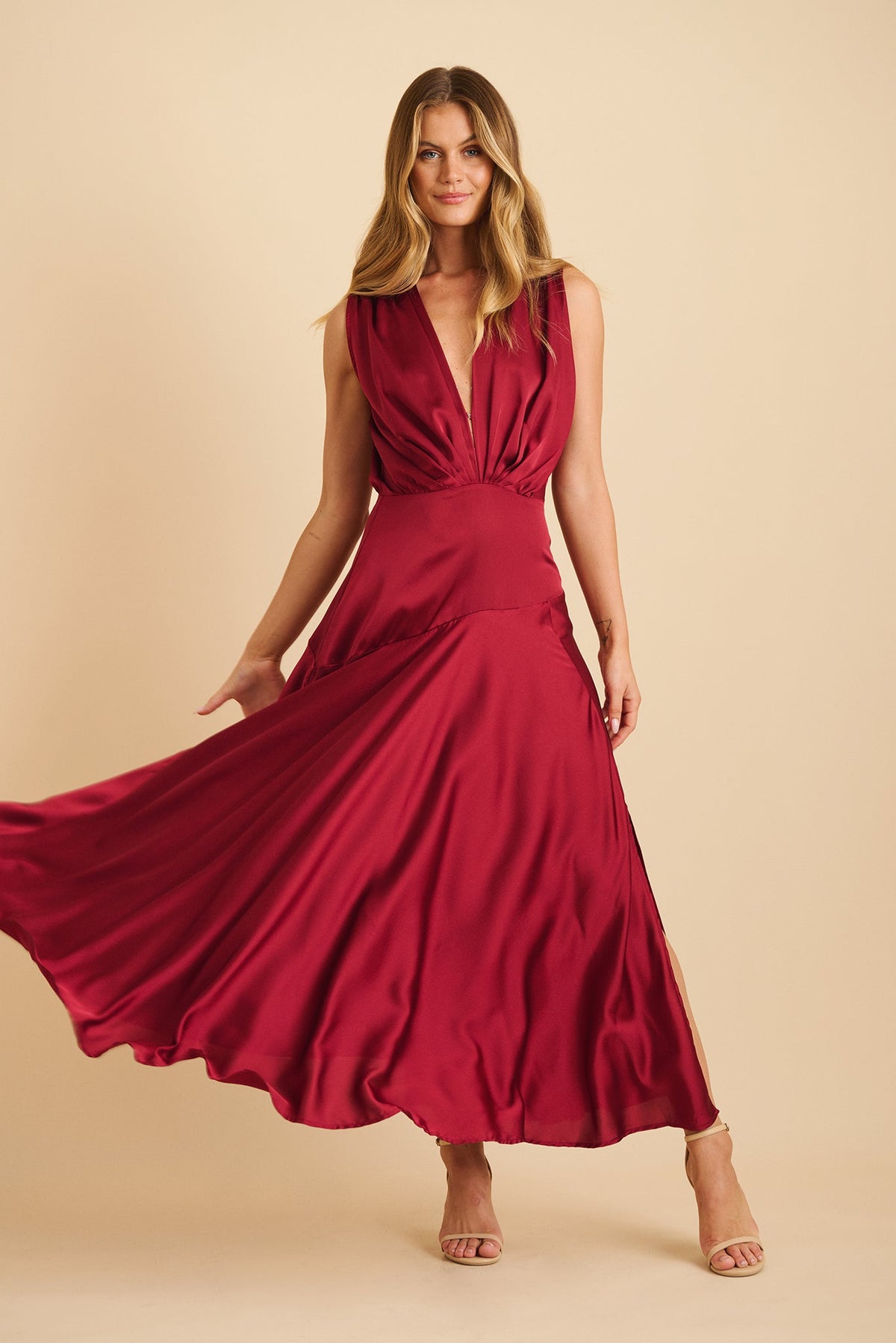 Wine Satin Jenibelle Maxi Dress