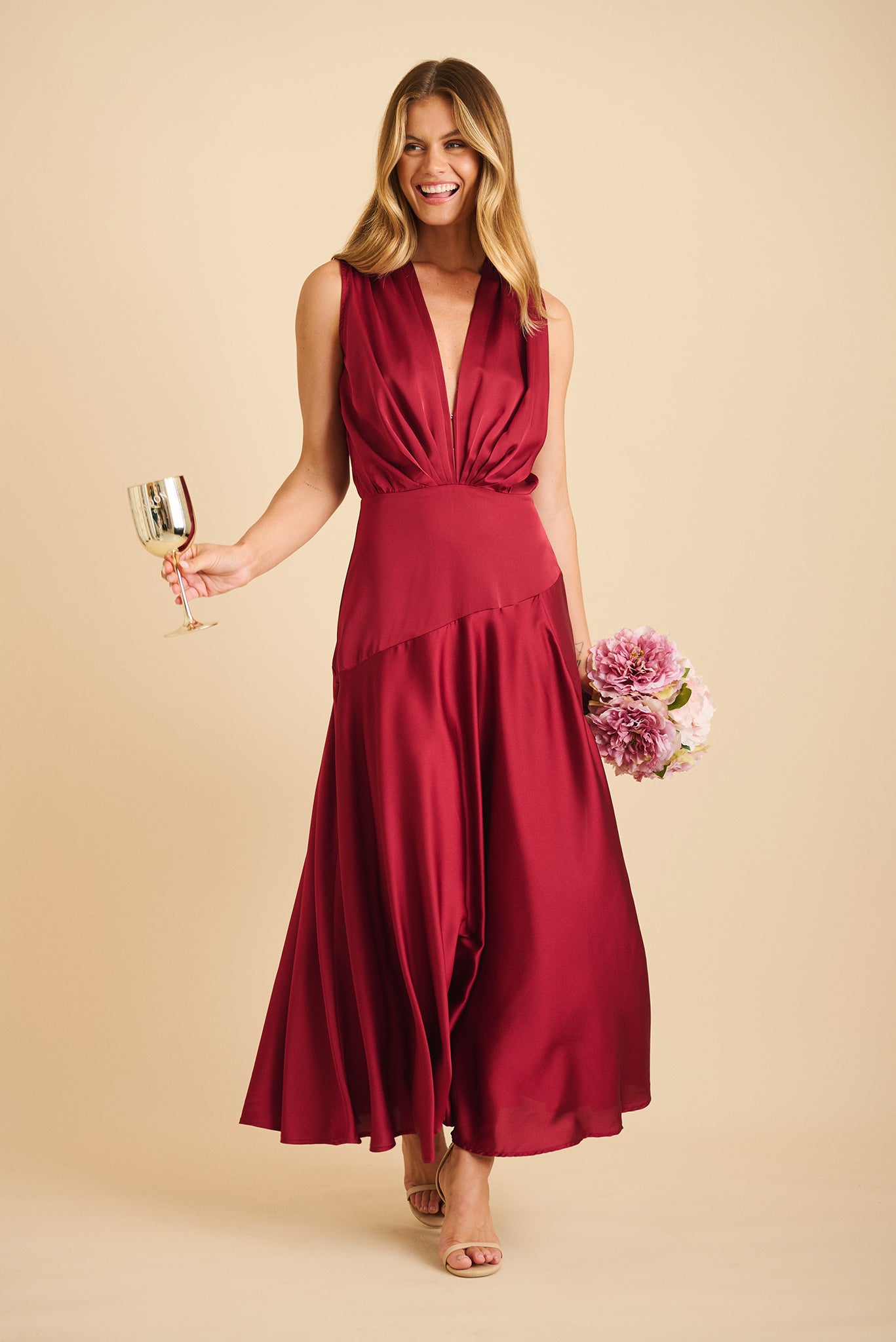 Wine Satin Jenibelle Maxi Dress
