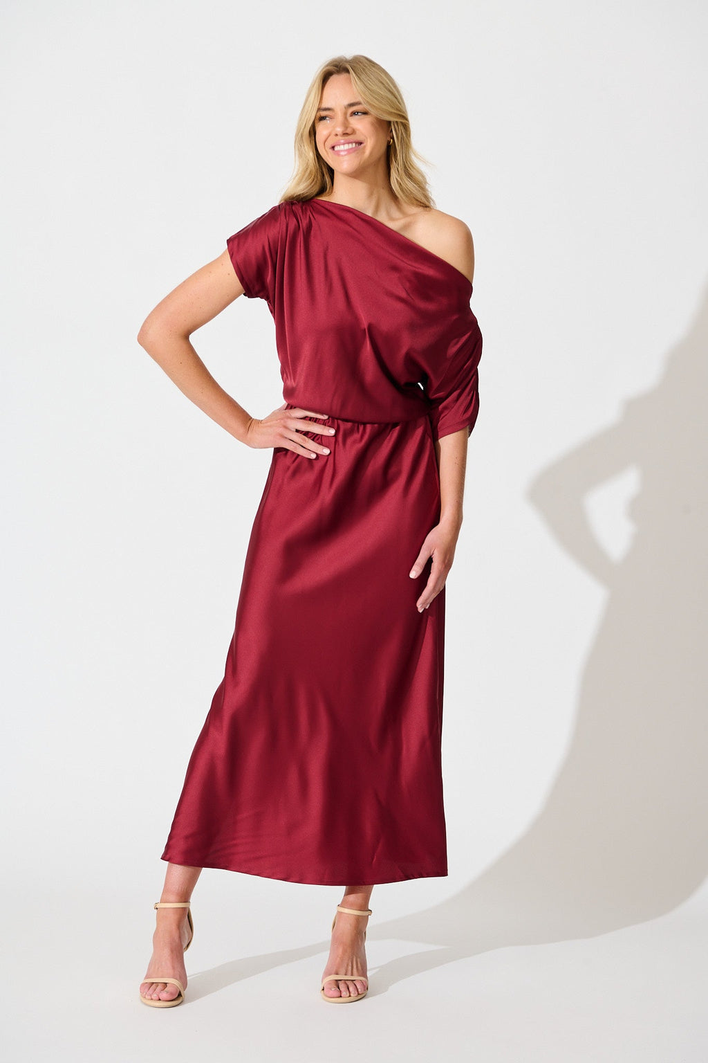 Sarita Wine Satin Off-Shoulder Maxi Dress